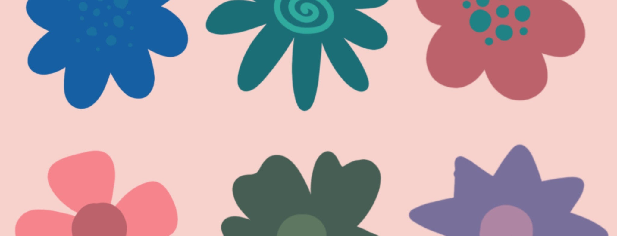 Set of six colorful flower illustrations on a pink background
